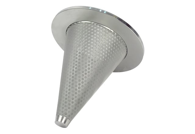 Conical stainless steel filter element with perforated support and mounting flange