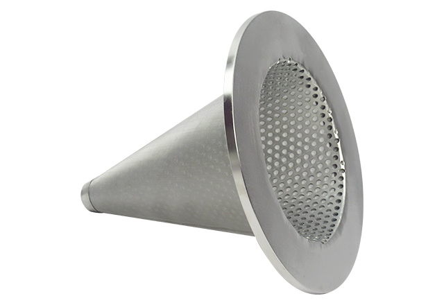 Conical stainless steel filter element with perforated inner support and wide flange
