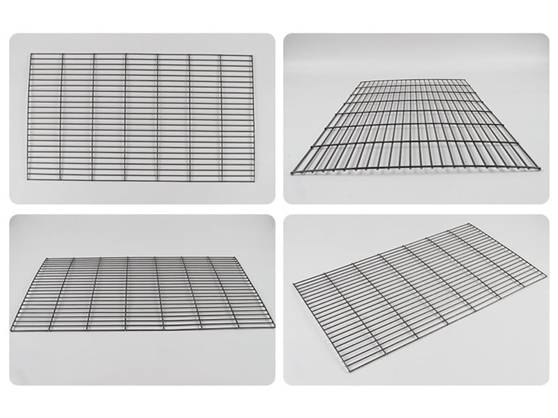 Custom cut stainless steel welded wire mesh panel shown from four angles