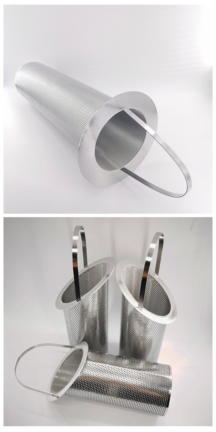 Perforated stainless steel basket showing flange and loop handle details