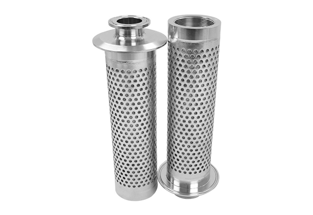 Two tubular stainless steel filter elements with sanitary and threaded end connections