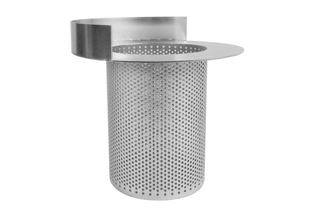 Custom stainless steel perforated filter cylinder with mounting flange and side guide