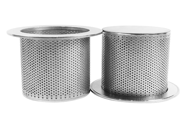 Two cylindrical stainless steel filter elements with perforated support bodies and flanged ends