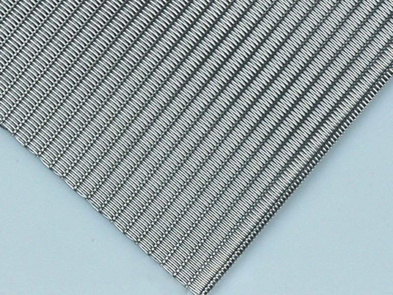 Close view of dense Dutch weave stainless steel mesh warp and weft wires