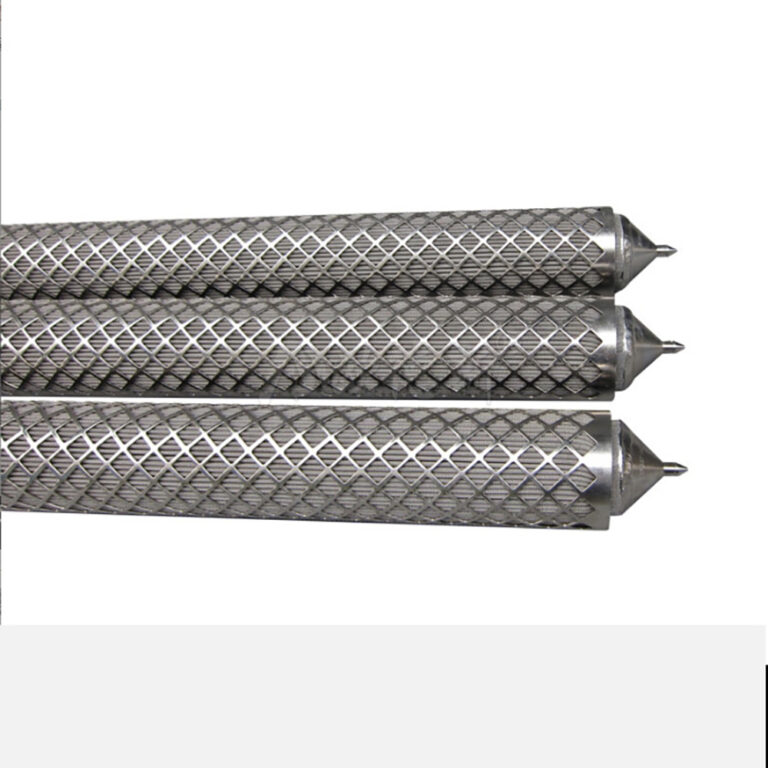 Cylindrical filter cartridge elements with fine media and expanded metal outer support