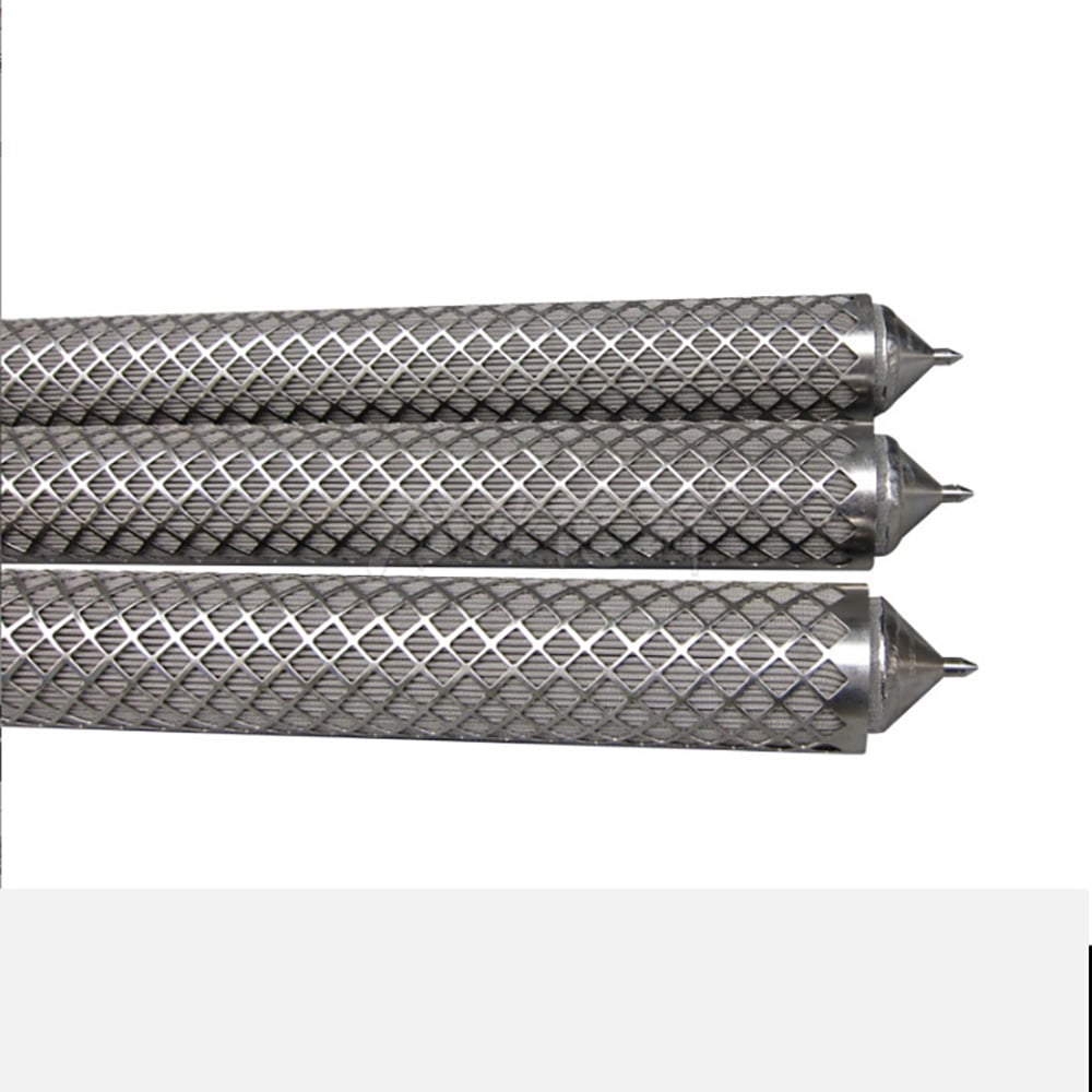 Cylindrical filter elements with fine media and expanded metal outer support