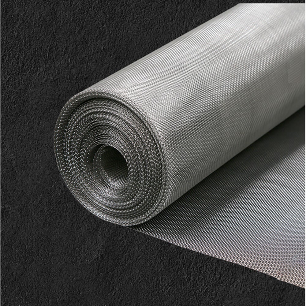 Fine stainless steel wire mesh roll on a dark background