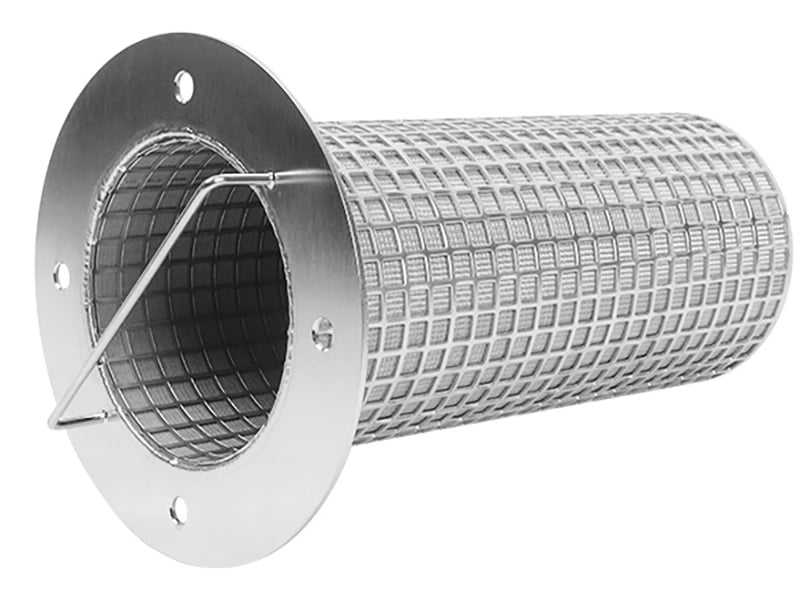 Flanged perforated stainless steel coolant strainer basket with support grid and handle