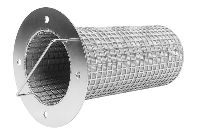 Flanged stainless steel mesh filter basket insert with bolt holes and removal bar