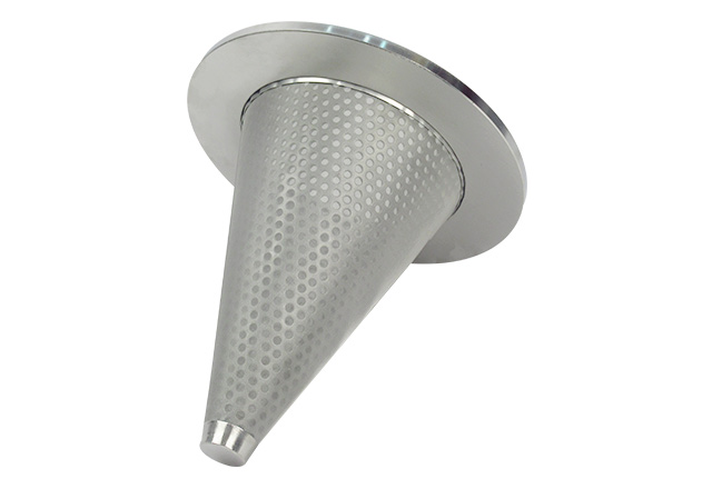Flanged conical filter with perforated metal support