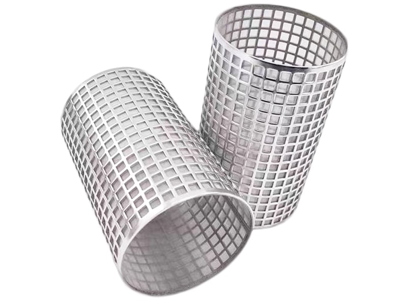 Two cylindrical stainless steel grid supports for multilayer filter media
