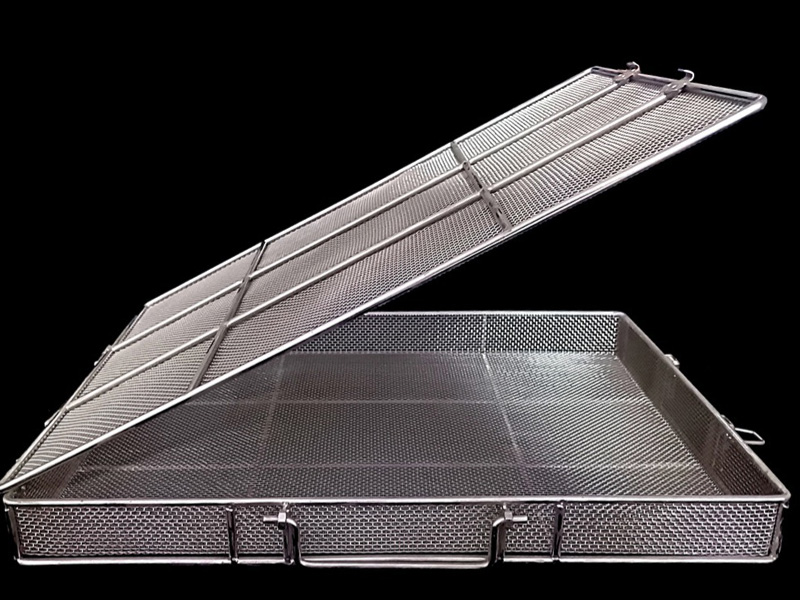 Large stainless steel wire mesh processing basket with removable lid