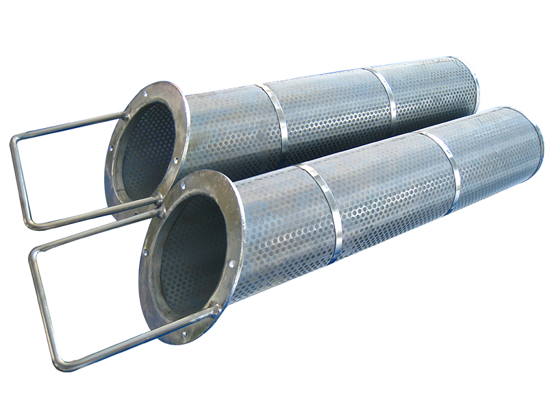 Stainless steel perforated coolant filter baskets with mesh liners and lifting handles