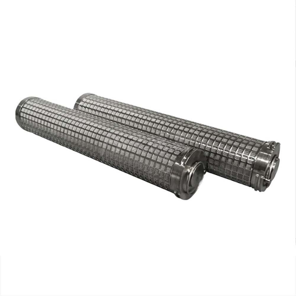 Three cylindrical stainless steel filter elements with square mesh support cages and closed ends