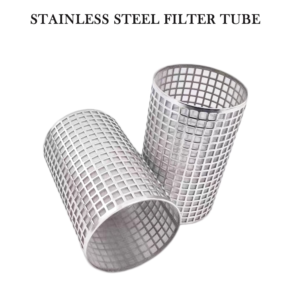 Two cylindrical open-grid stainless steel supports for filter media