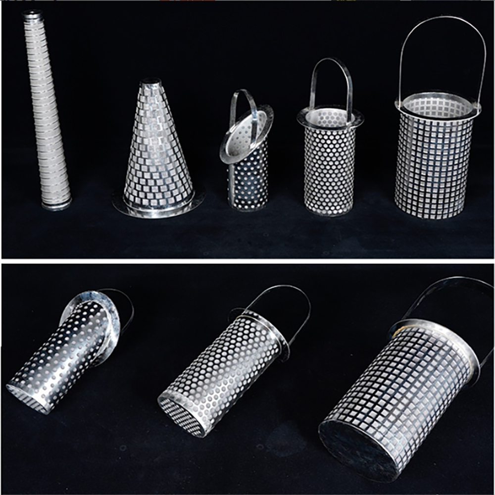 Perforated stainless steel cylindrical filters with handles and flanges