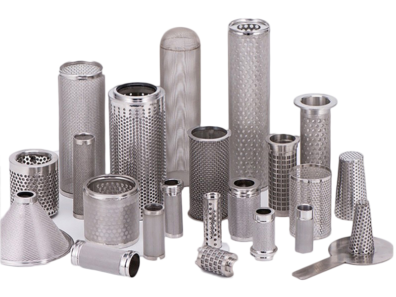 Assortment of perforated metal filter tubes and cylindrical mesh filter elements