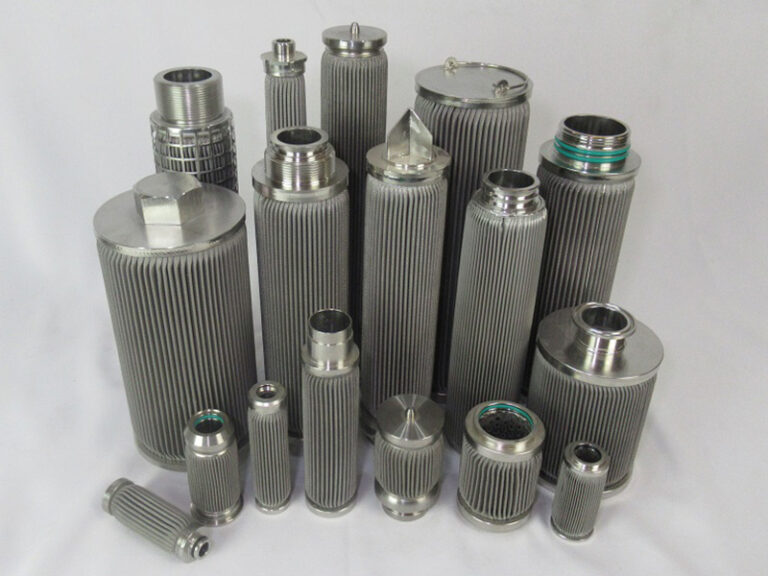 Group of pleated stainless steel filter cartridges with different lengths and end connections