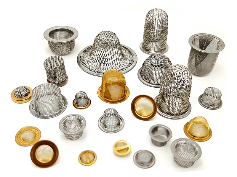 Small stainless steel and brass wire mesh screen caps with flanges