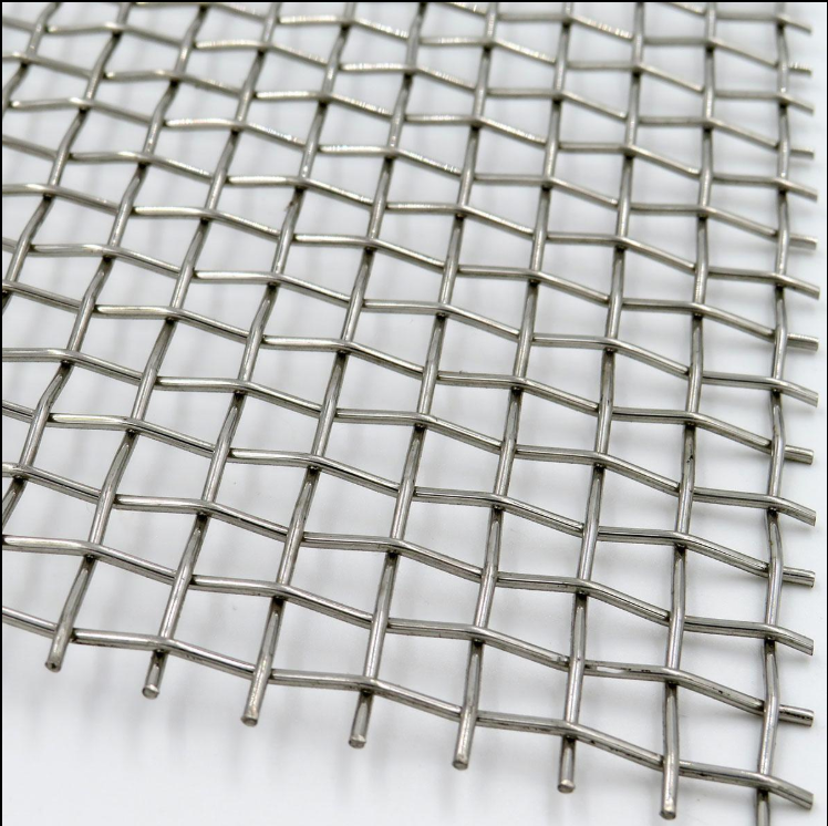 Close view of square woven stainless steel mesh openings and wire geometry