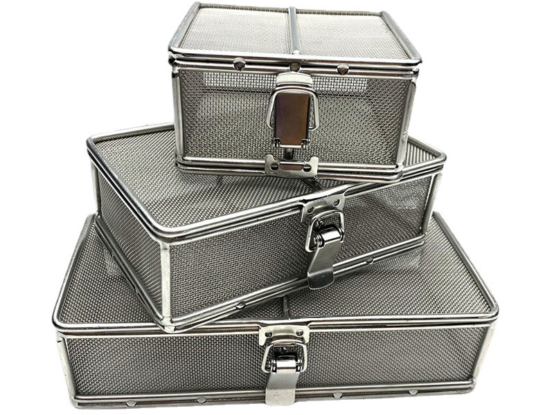 Stacked stainless steel mesh baskets with lids and latches
