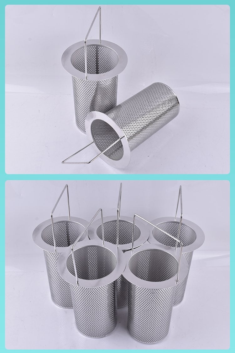 Stainless steel perforated filter baskets with flanges and lifting handles