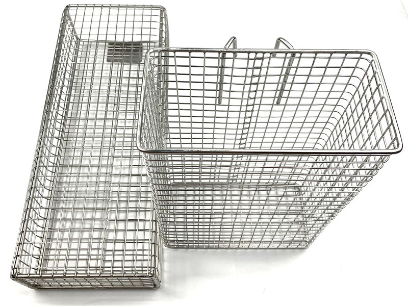 Rectangular stainless steel wire parts baskets in two sizes