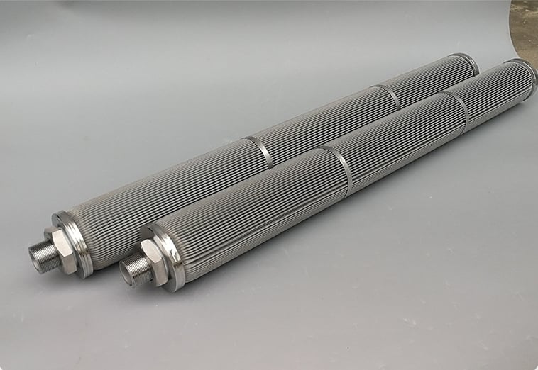Two long fine mesh filter cylinders with threaded end connections and support rings