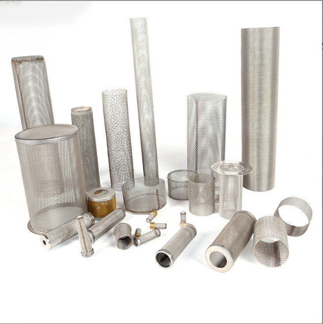 Assortment of cylindrical woven wire mesh filter tubes in different diameters and lengths