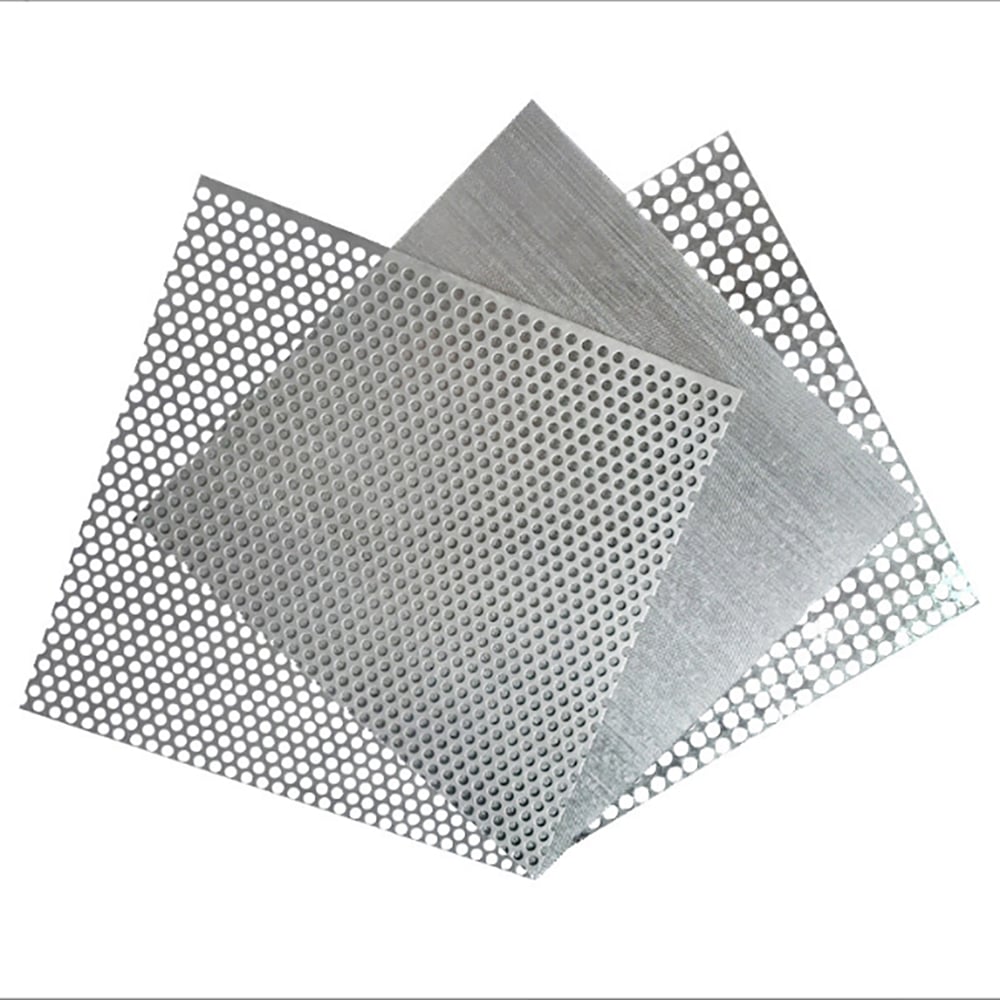 Perforated metal sheets and fine woven mesh samples for comparison