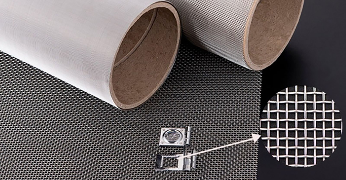 Stainless steel woven wire mesh rolls with aperture detail and measuring tool