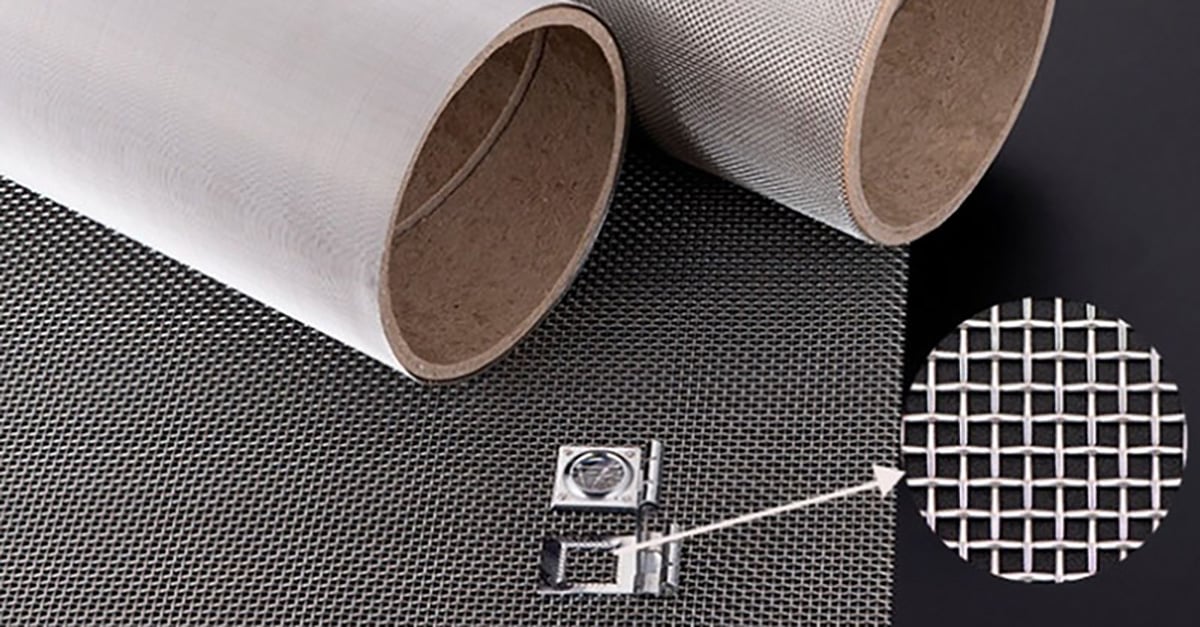 Stainless steel woven wire mesh rolls with aperture detail and measuring tool